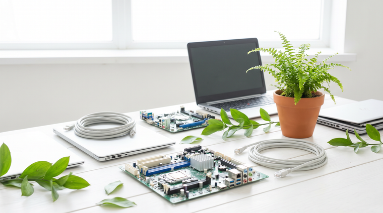 Used IT equipment with greenery on white - benefits of recycling IT equipment