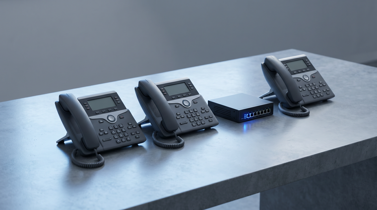 Used VoIP desk phones and a switch on grey - recycling redundant VOIP equipment