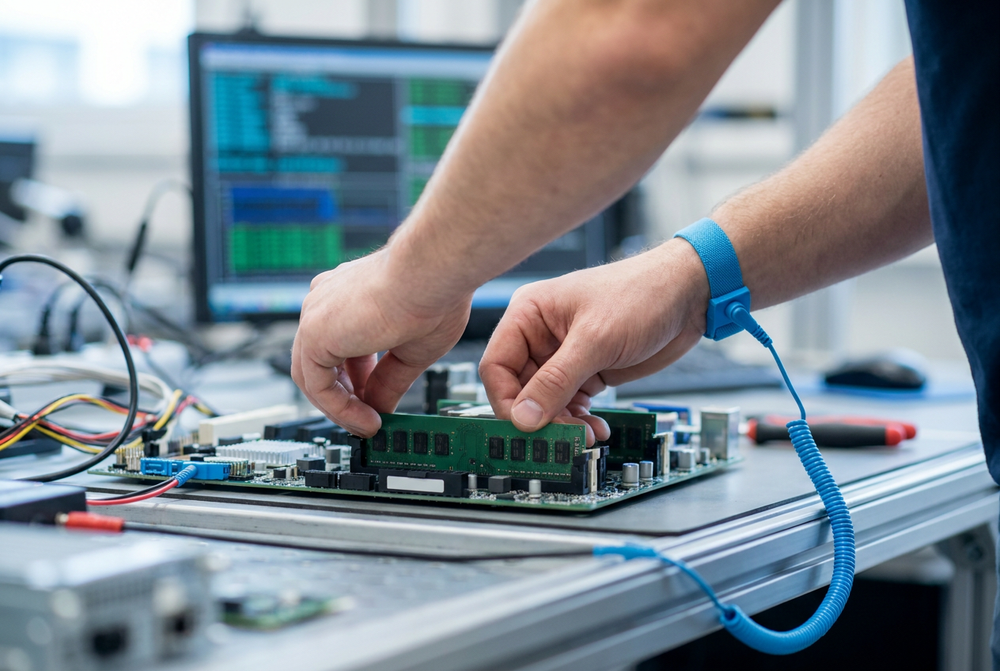 Technician testing a memory module on a workshop test bench
