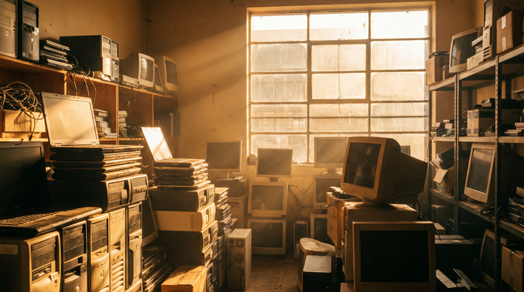 Stacks of used campus computers and monitors in warm light - IT buyback solutions