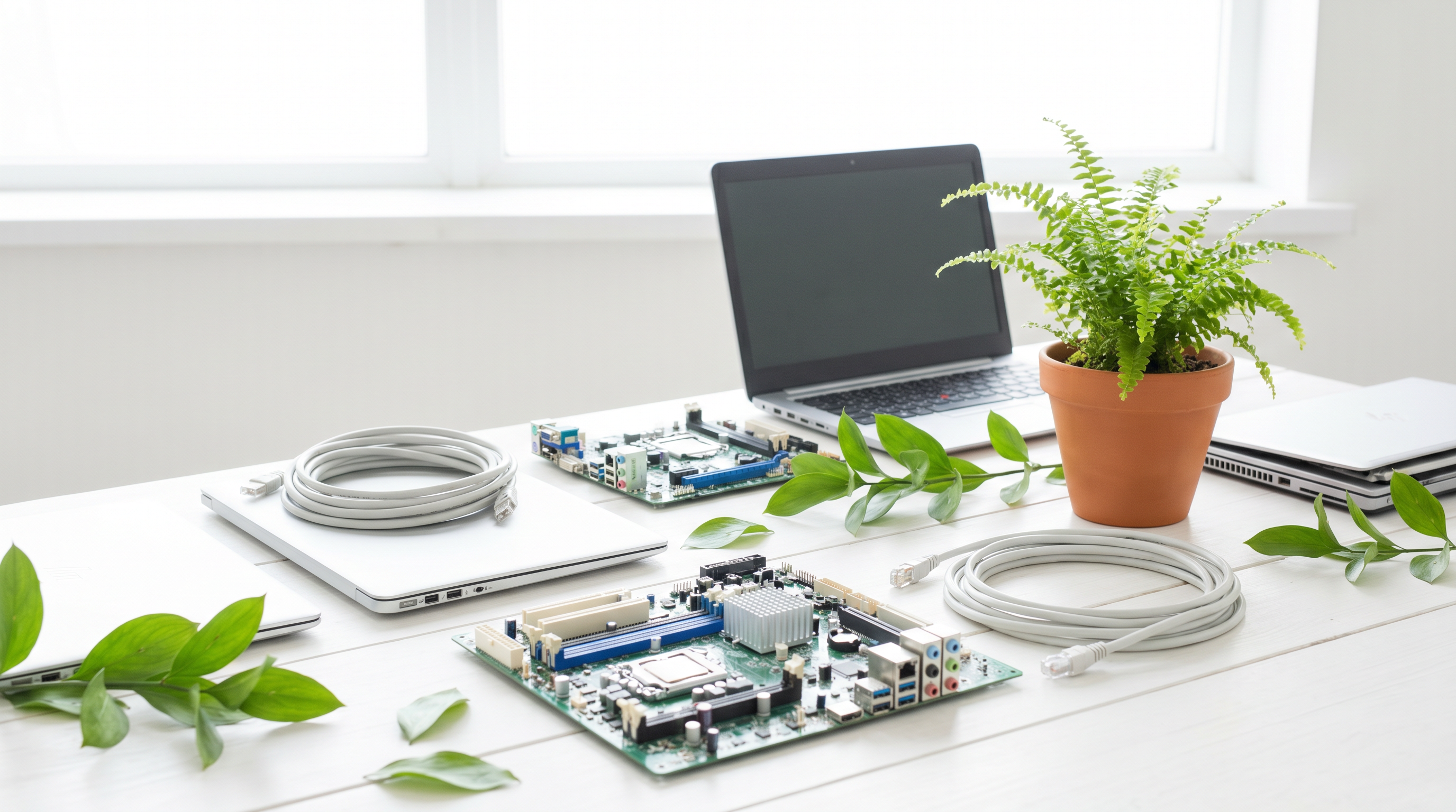 Used IT equipment with greenery on white - benefits of recycling IT equipment