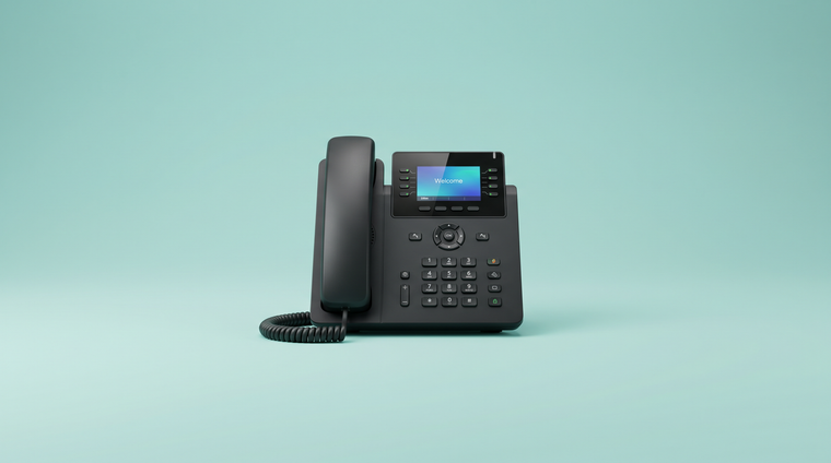 Office VoIP desk phone on a teal studio background - selling used phone systems