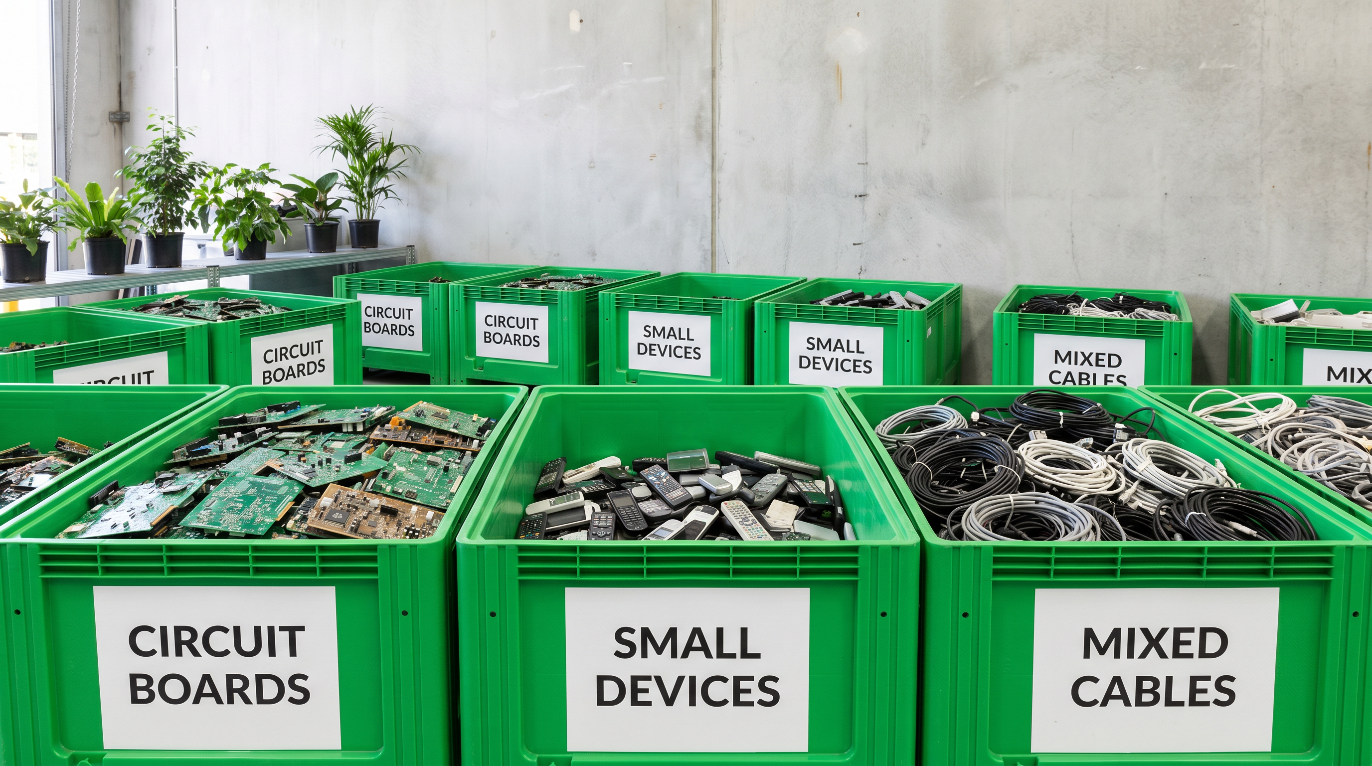 Sorted electronic waste in green recycling bins - WEEE compliance in the UK