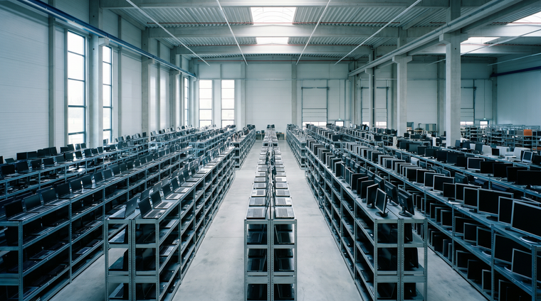 Rows of used laptops and monitors on shelving - bulk IT recycling for education