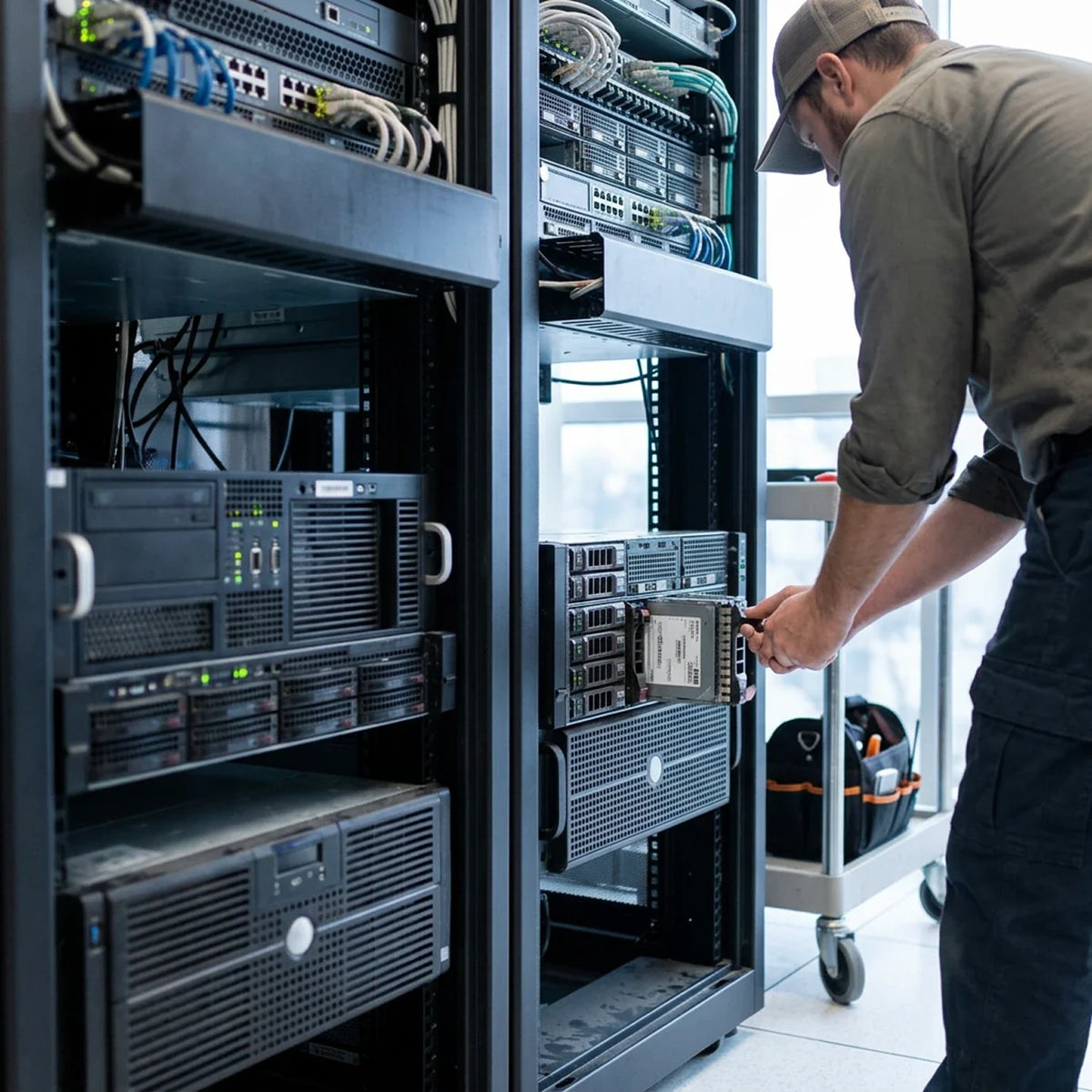 Engineer removing a server from a rack during a data centre decommissioning project