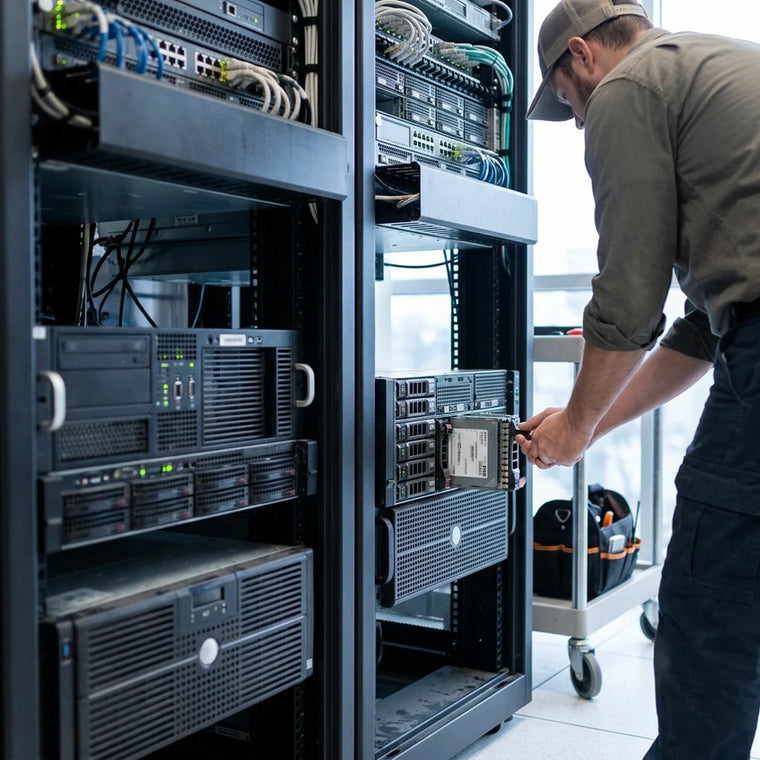 Engineer removing a server from a rack during a data centre decommissioning project
