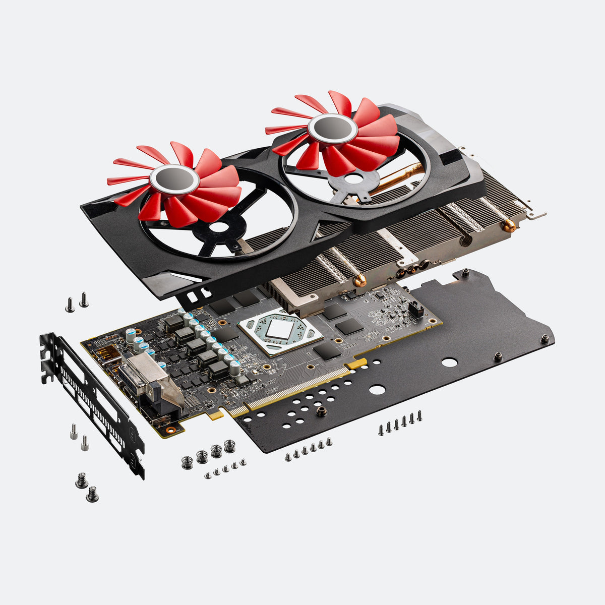 Enterprise graphics card shown in exploded view with cooling fans and circuit board