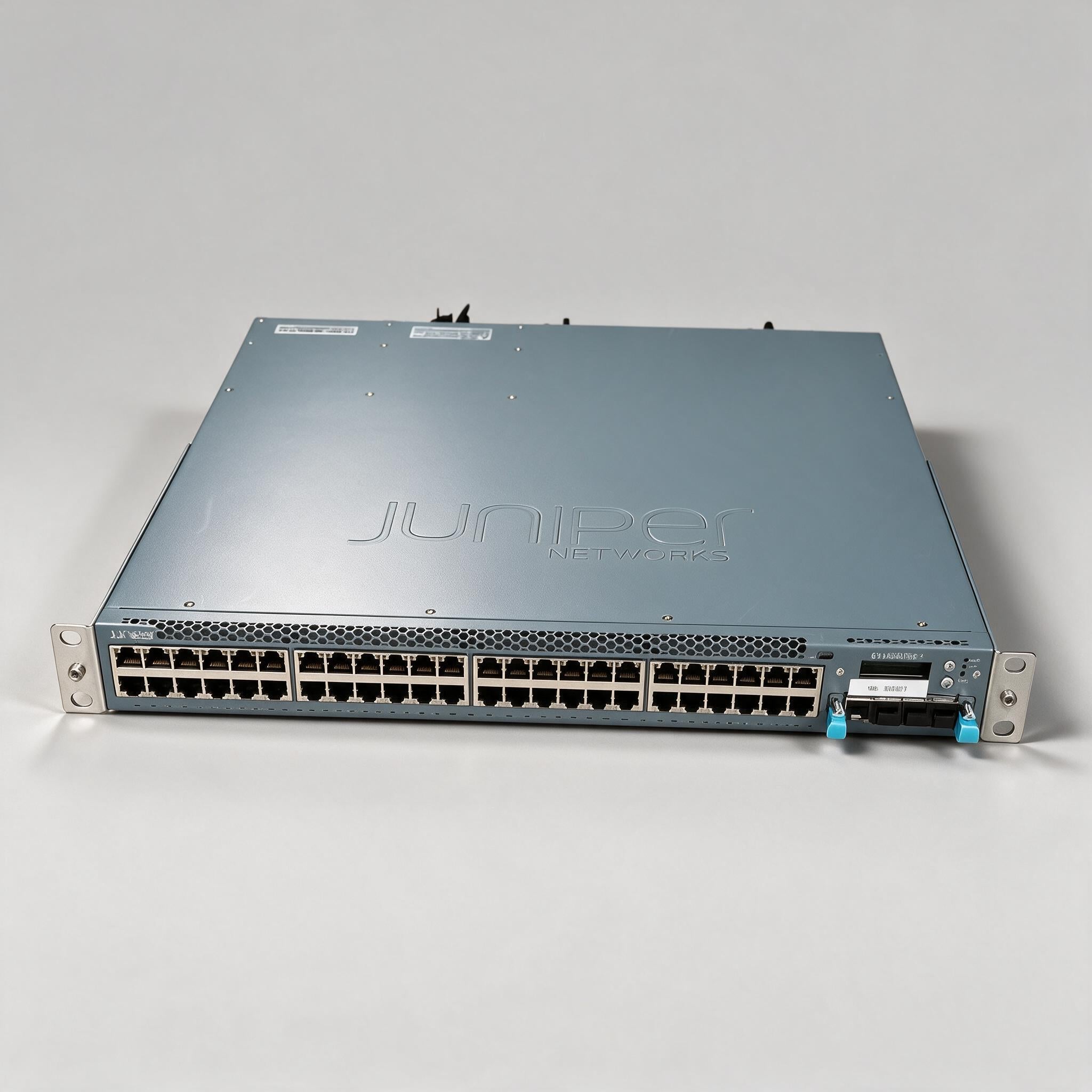 Juniper EX4300-48P 48-port PoE+ Gigabit Ethernet switch with SFP+ uplink module and rack mounting ears