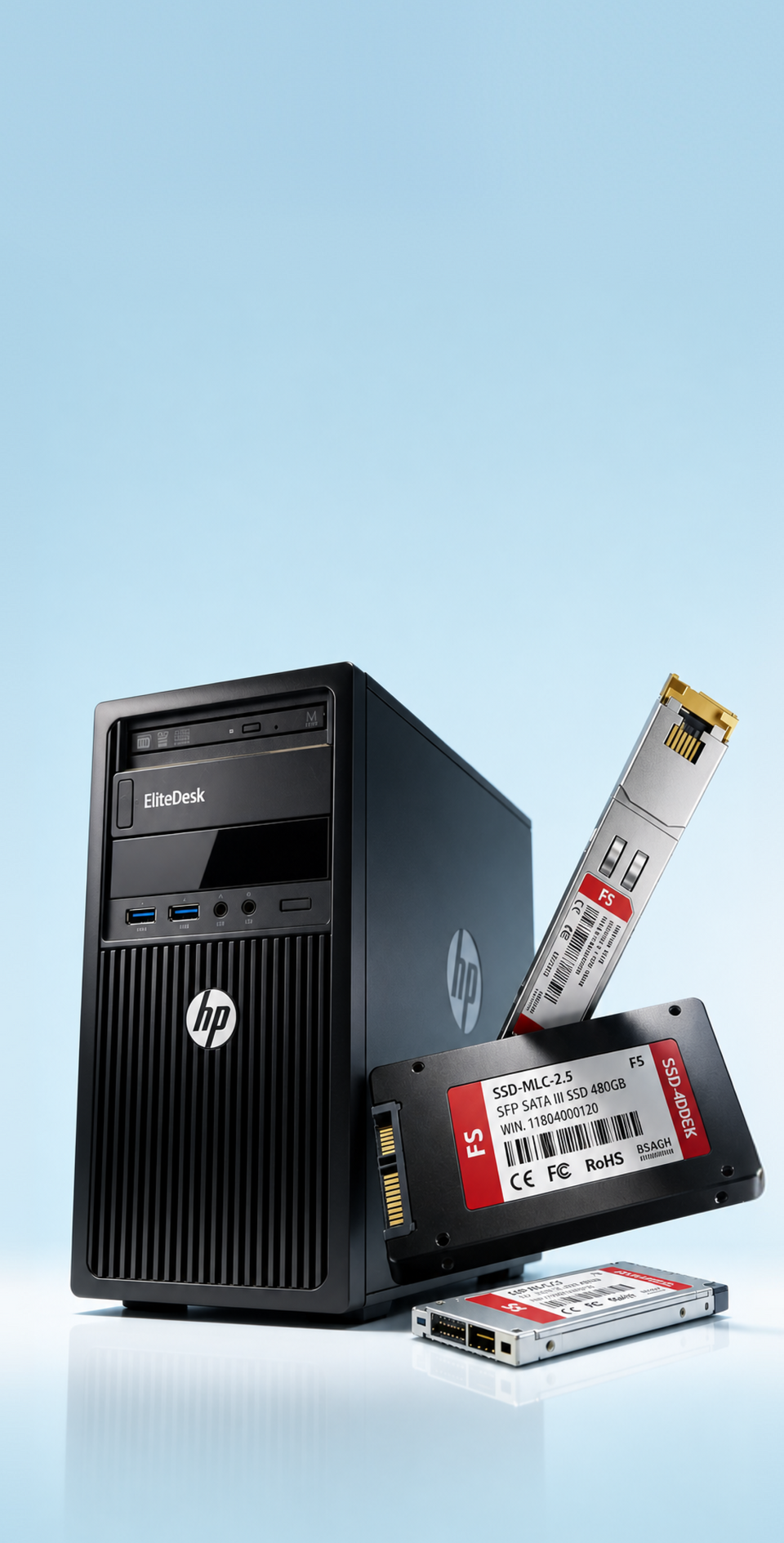 HP server tower with hard drives on a light blue background