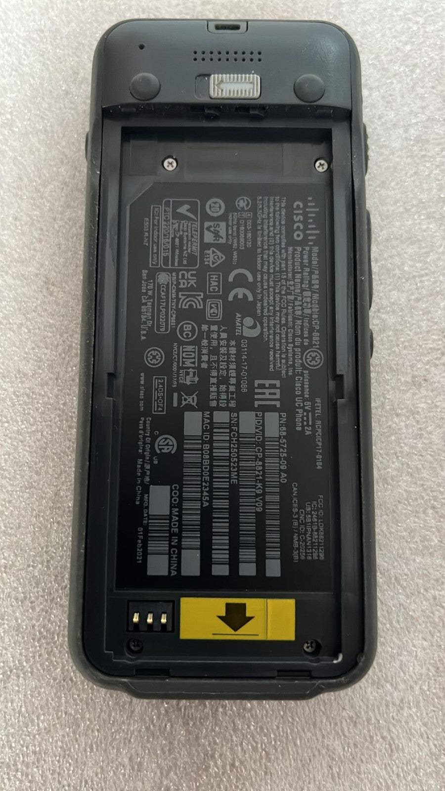 Cisco 8821 - rear with battery compartment and part number label