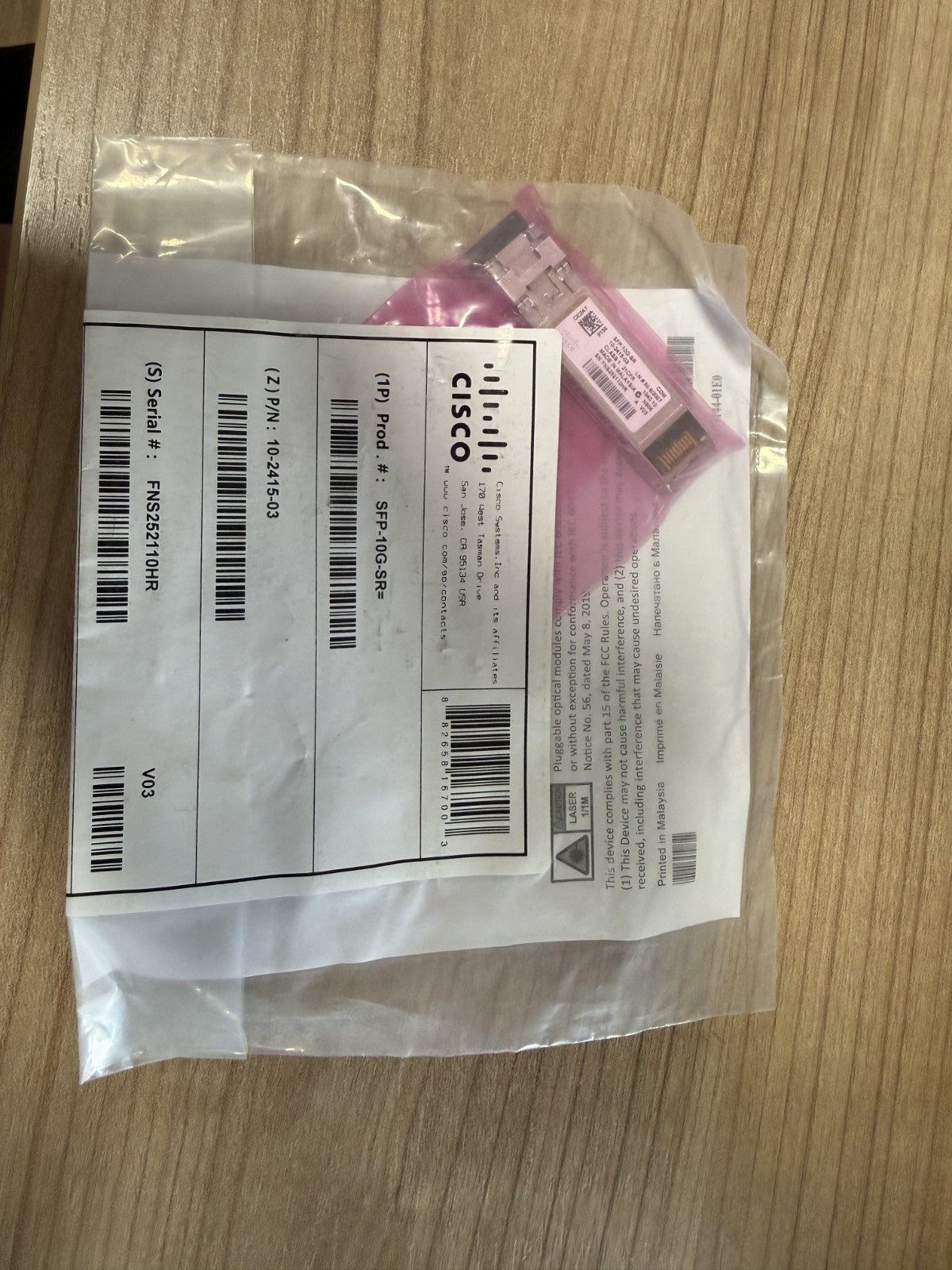 Cisco SFP-10G-SR - sealed anti-static packaging with part number label