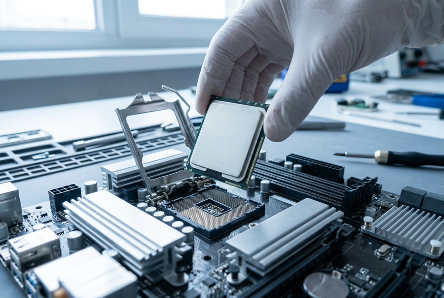 Technician seating a processor into a motherboard socket