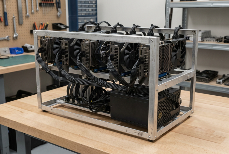 Open-frame multi-GPU mining rig with six cards
