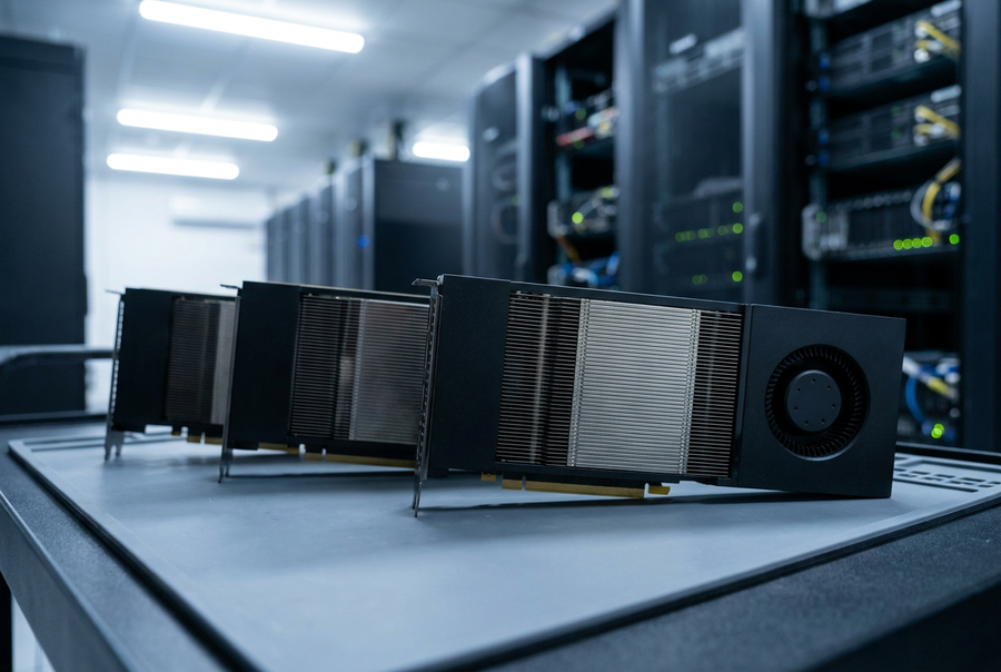 Server GPU accelerator cards on a data centre workbench