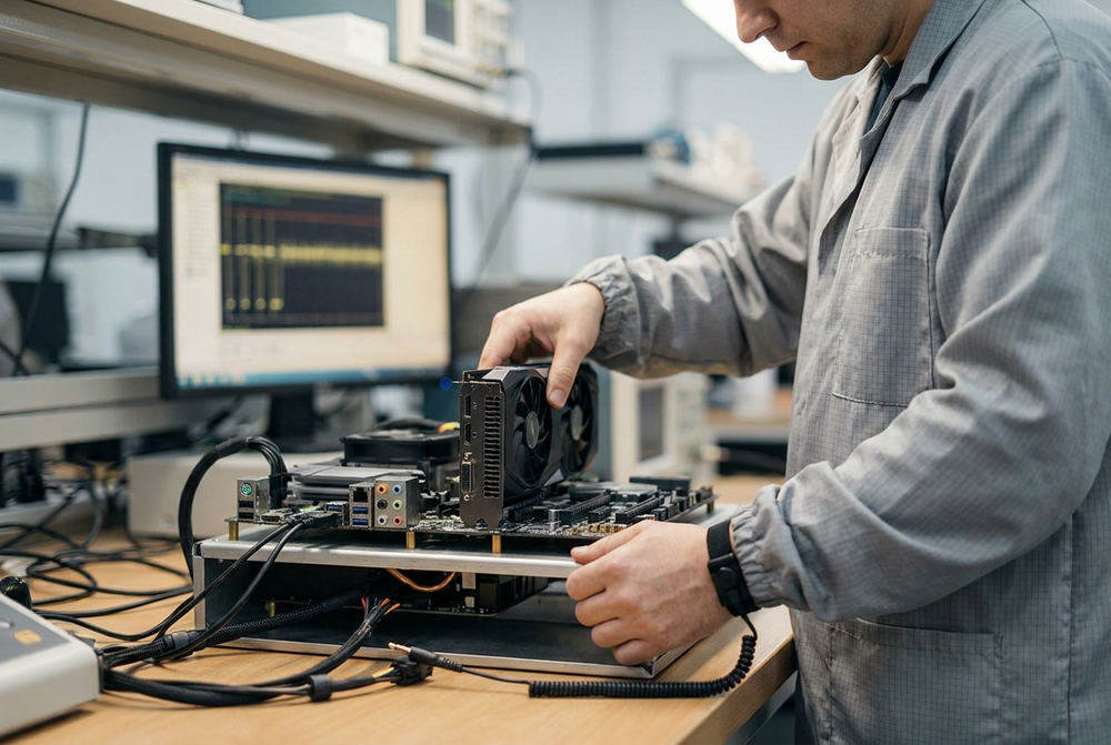Technician bench testing a graphics card on an open test bench