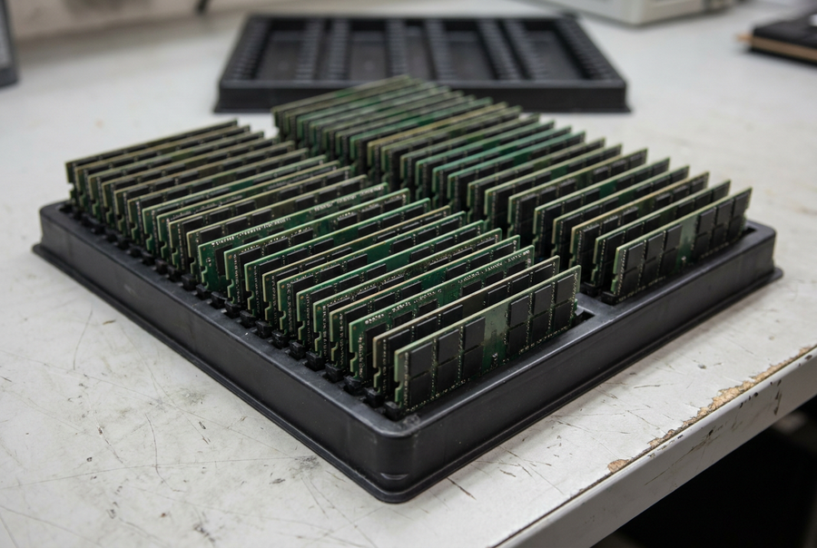 Antistatic tray filled with rows of server memory modules